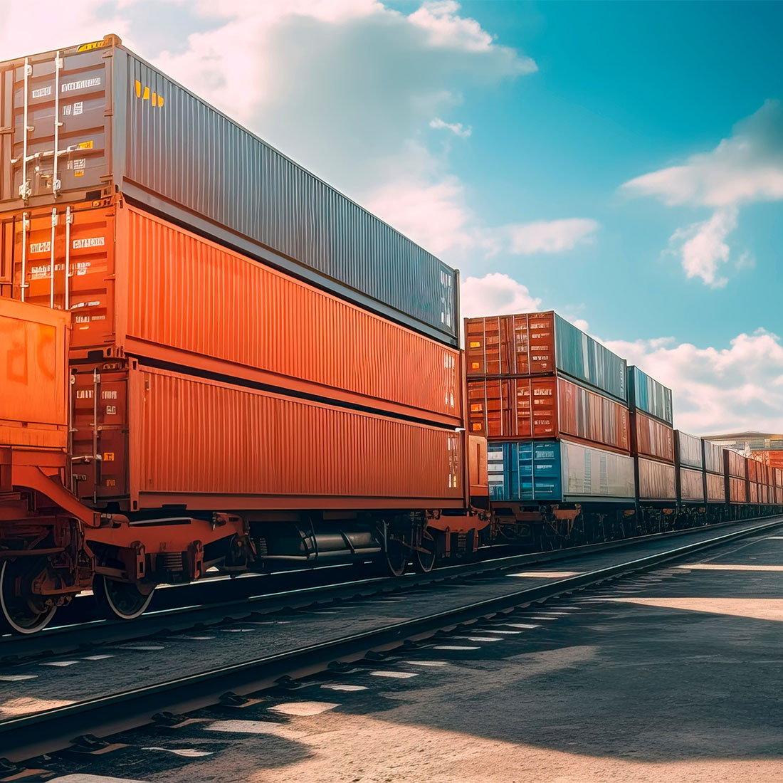 freight train passing through a logistics hub, showcasing the role of rail transport in moving goods across continents. Generative AI